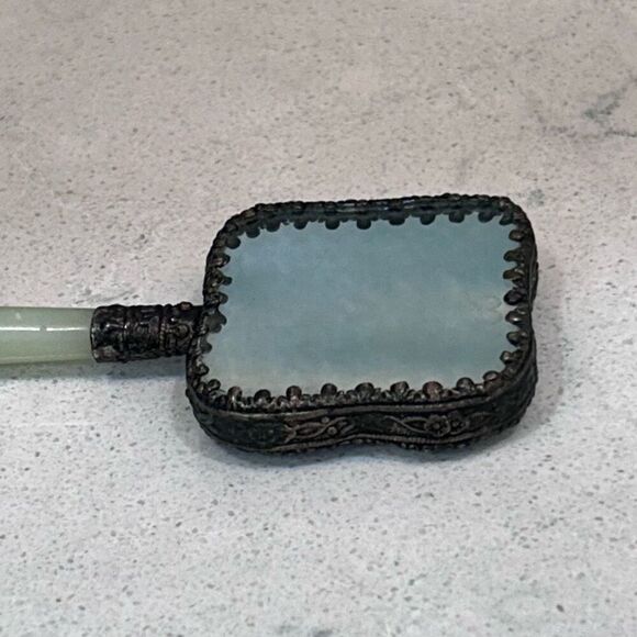 Vtg Chinese Hand Mirror Rounded Corner Squircle W/ Jade Handle & Porcelain Back - Picture 13 of 15
